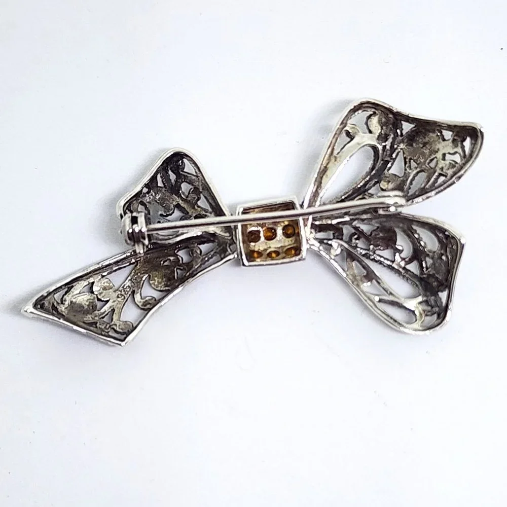 Vintage Sterling Silver Rhinestone and Marcasite Accent Bow Pin Brooch